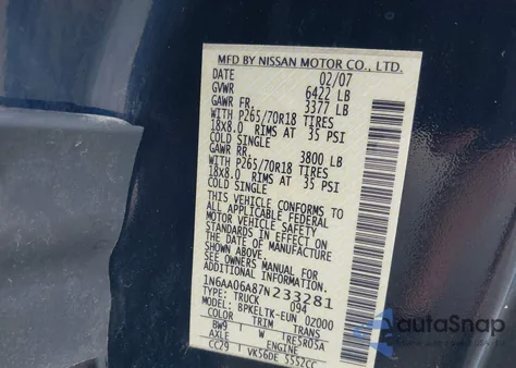 2007 Nissan Titan Se from USA, damaged, VIN 1N6AA06A87N233281